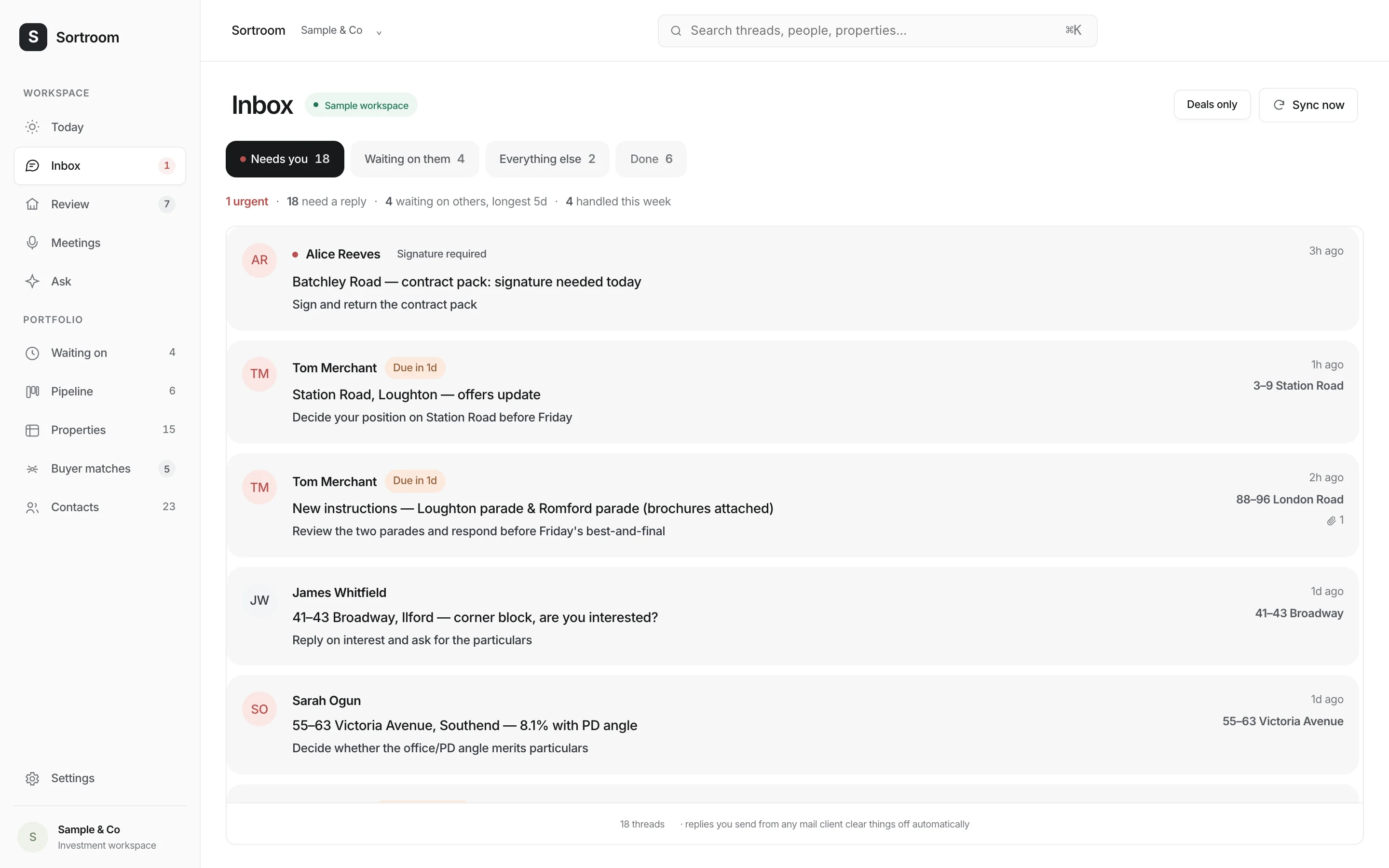 The Needs you now list: three urgent conversations, each with the outstanding request spelled out