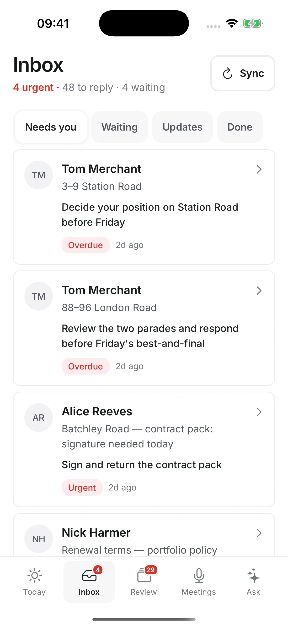 Sortroom on iPhone: the Inbox showing urgent conversations and the next action on each