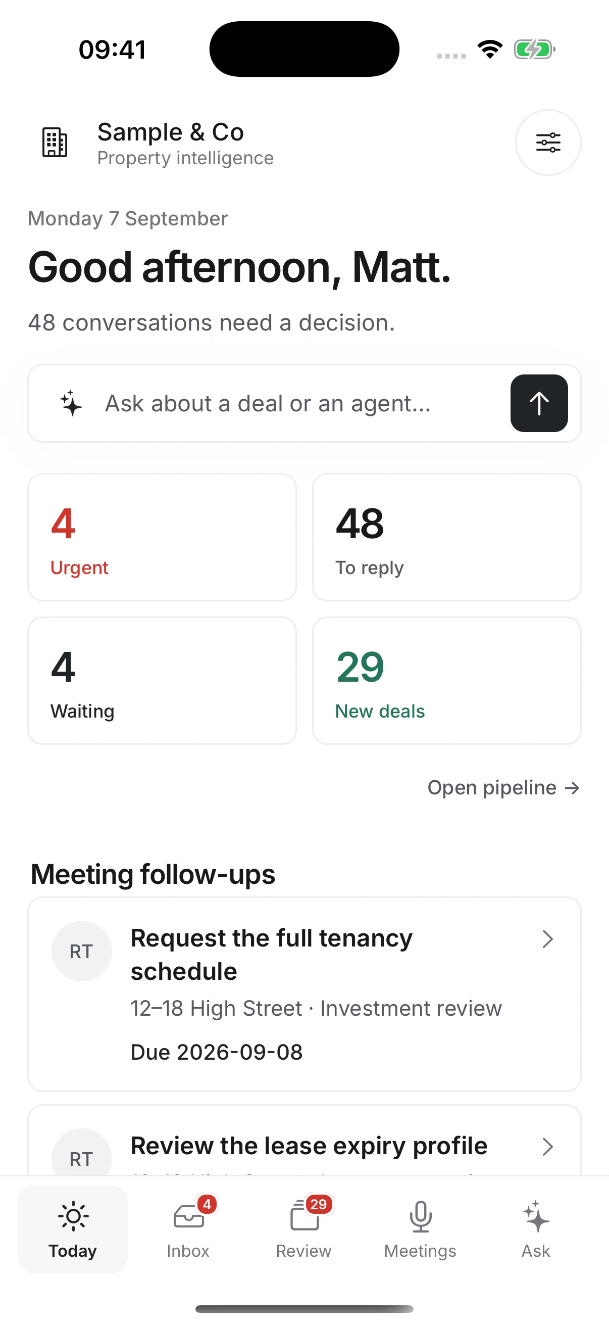 Sortroom on iPhone: the Today screen with priorities and meeting follow-ups