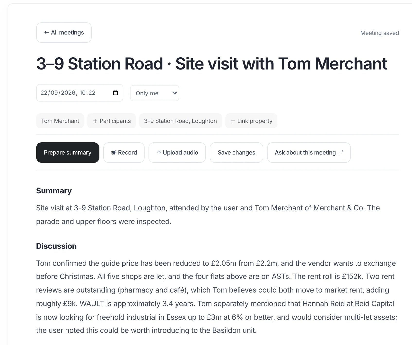 A Sortroom meeting: 3–9 Station Road site visit with Tom Merchant, with the summary, discussion and decisions written up