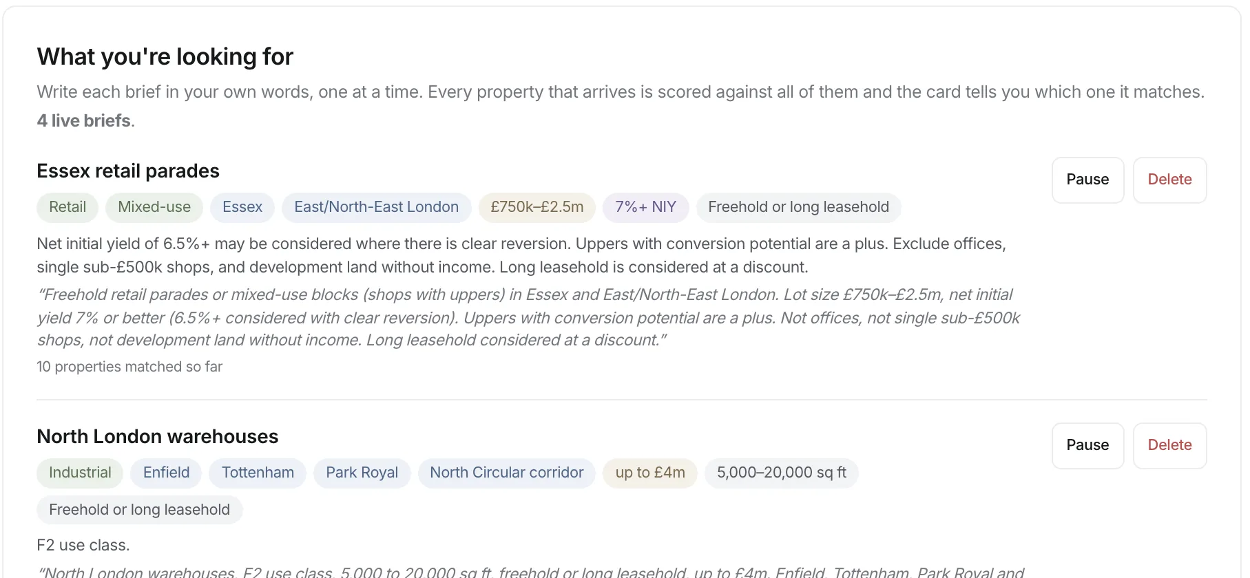 Two requirements in Sortroom settings, Essex retail parades and North London warehouses, each turned into chips for asset type, location, price and yield