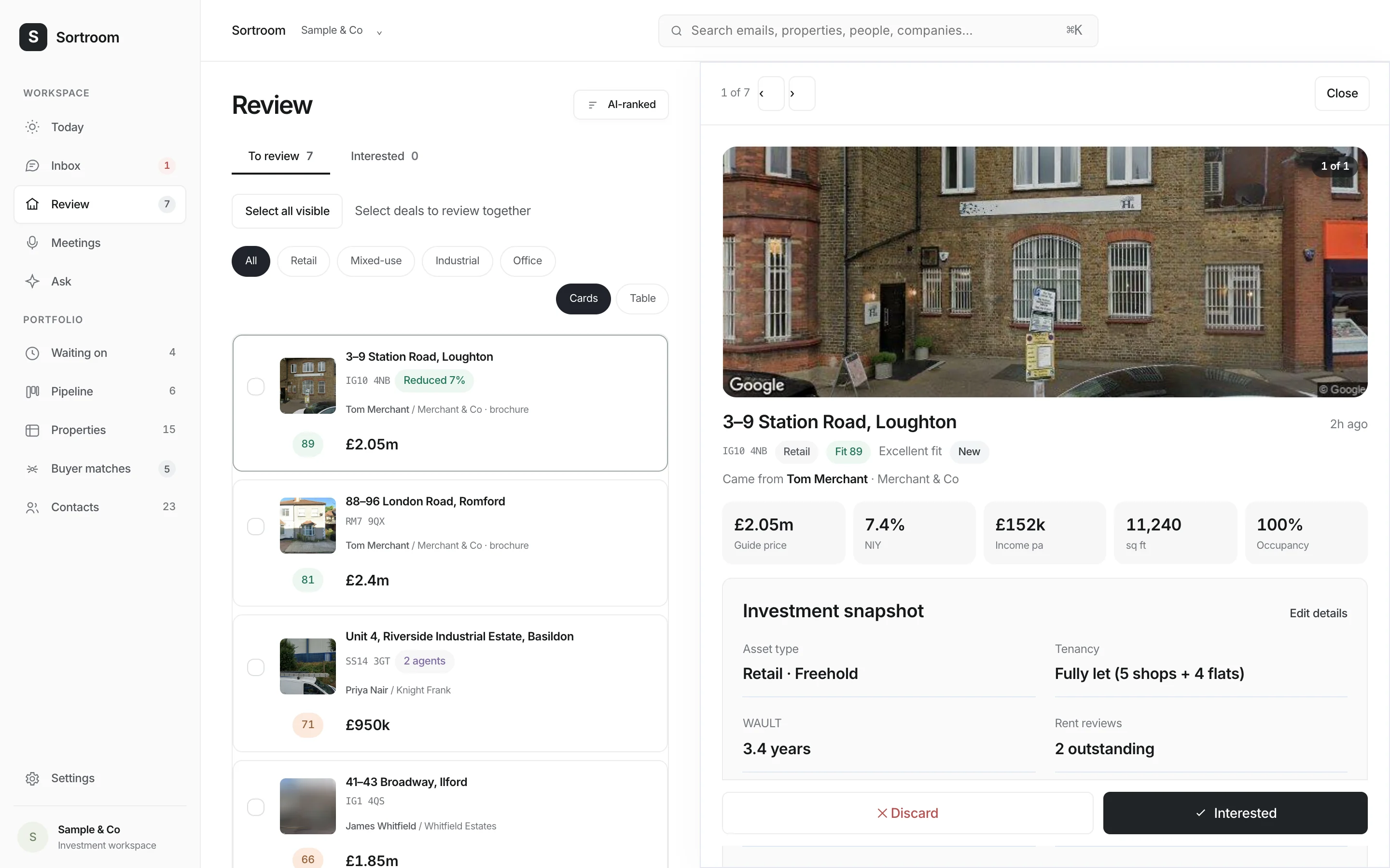 The Sortroom Review screen: a queue of scored deals beside the full investment snapshot for 18 High Street, Epping