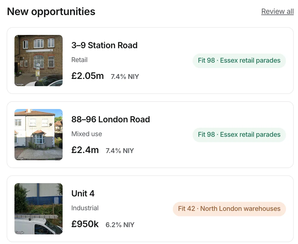 Three new opportunities on Today, each tagged with its fit score and the requirement it matched: Fit 98, Essex retail parades